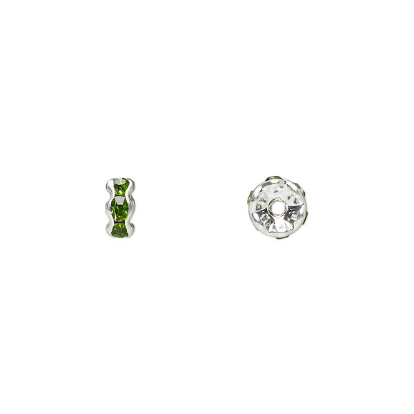 Bead, glass rhinestone and silver-plated brass, peridot green, 5x2mm rondelle. Sold per pkg of 10. image number 0