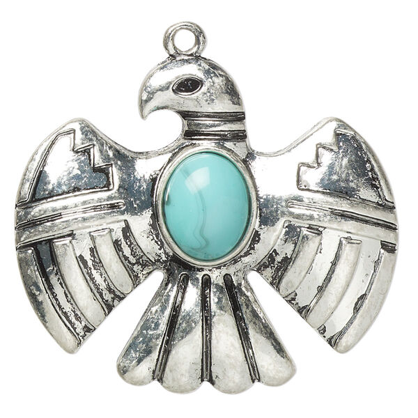 Focal, "turquoise" (resin) (imitation) and antiqued "pewter" (zinc-based alloy), blue, 36.5x32mm single-sided eagle. Sold individually. image number 0