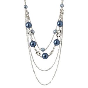 Necklace, silver-plated steel / acrylic pearl / silver-coated plastic, blue, 23mm round, 30 inches with lobster claw clasp and 2-inch extender chain. Sold individually.