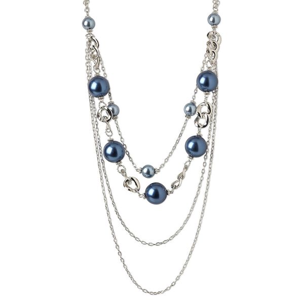 Necklace, silver-plated steel / acrylic pearl / silver-coated plastic, blue, 23mm round, 30 inches with lobster claw clasp and 2-inch extender chain. Sold individually. image number 0
