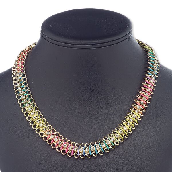 Necklace, glass rhinestone / nylon / gold-finished brass / steel / "pewter" (zinc-based alloy), neon rainbow and clear, 15mm wide, 16 inches with 4-1/2 inch extender chain and lobster claw clasp. Sold individually. image number 0