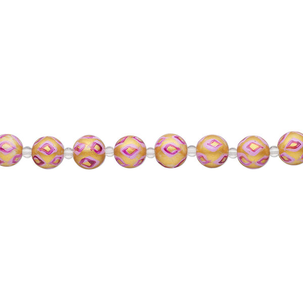 Bead, glass 1pkg8, gold / pink / red, 14mm hand-painted round. image number 1