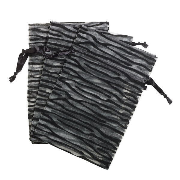 Pouch, satin and flocked organza, grey and black, 7x5-inch rectangle with zebra design and drawstring. Sold per pkg of 12. image number 0
