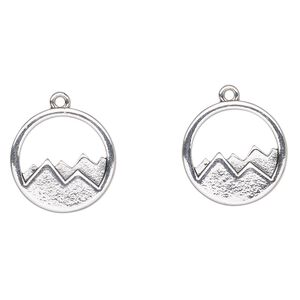 Charm, antique silver-finished "pewter" (zinc-based alloy), 22mm round mountain range cutout. Sold per pkg of 2.