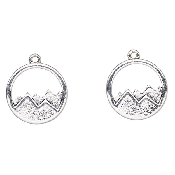 Charm, antique silver-finished "pewter" (zinc-based alloy), 22mm round mountain range cutout. Sold per pkg of 2. image number 0