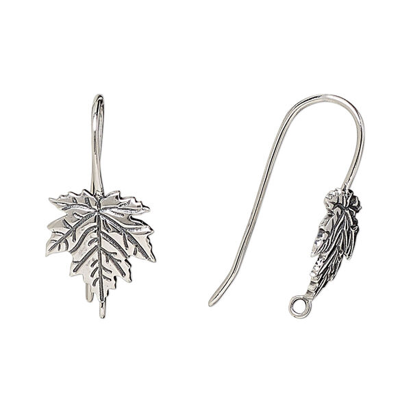 Ear wire, antiqued sterling silver, 23mm maple leaf with closed loop, 20 gauge. Sold per pair. image number 0