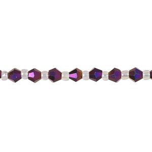 Bead, glass, pkg/8 inches, 4mm faceted bicone, purple AB.