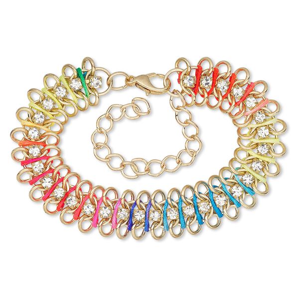 Bracelet, glass rhinestone / nylon / gold-finished brass / steel / "pewter" (zinc-based alloy), neon rainbow and clear, 15mm wide, 7 inches with 3-inch extender chain and lobster claw clasp. Sold individually. image number 0