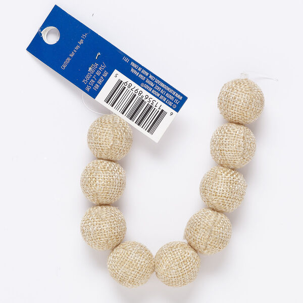 Bead, acrylic and burlap, tan, 20mm round with 2mm hole. Sold per 7-inch strand. image number 0