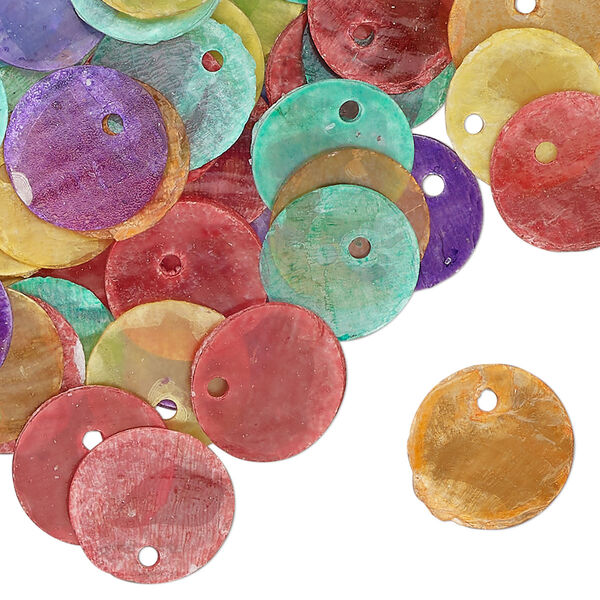 Drop mix, Capiz shell (coated), mixed colors, 13mm flat round, Mohs hardness 3-1/2. Sold per pkg of 100. image number 0