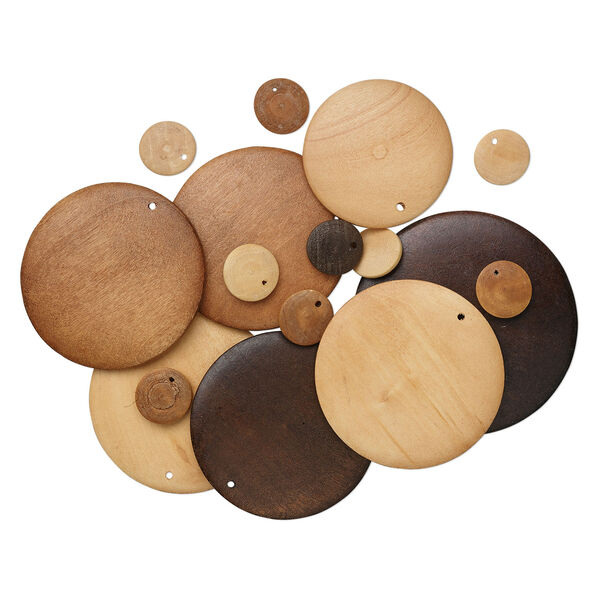 Component mix, wood (natural / dyed), mixed colors, 15-60mm flat round. Sold per pkg of 50. image number 1