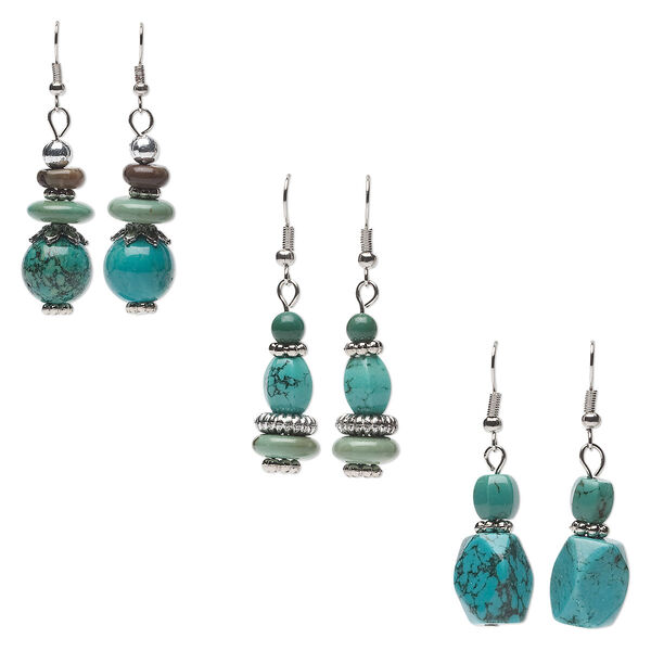 Earring mix, magnesite (dyed / stabilized) and silver-finished steel, blue / green / brown, 44x12mm-53x14mm dangle, fishhook ear wire. Sold per pkg of 3 pairs. image number 0