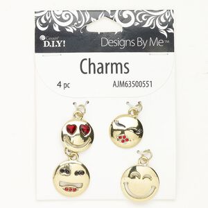 Brass / glass rhinestone / enamel 1pkg4, domed round charm face assortment red / black antique gold-finished 17mm