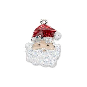 Charm, enamel and silver-plated "pewter" (zinc-based alloy), multicolored with glitter, 22x18mm single-sided Santa Claus head. Sold individually.