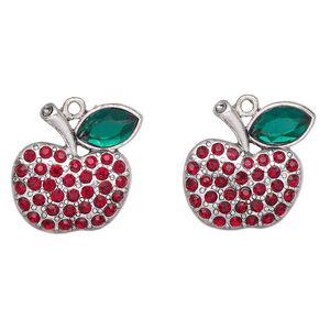 Charm, antique silver finish "pewter" (zinc-based alloy) and glass, red and green, 23x22mm apple with leaf. Sold per pkg of 2.