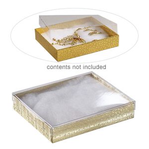 Box, plastic and paper, "cotton"-filled, gold and clear, 6-1/8 x 5-1/8 x 1-1/8 inch rectangle. Sold per pkg of 10.