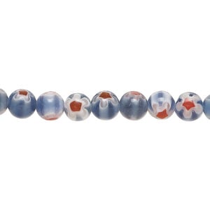 Bead, millefiori glass 1pkg1, translucent dark denim blue / red / white, 6mm round, 15 inches.