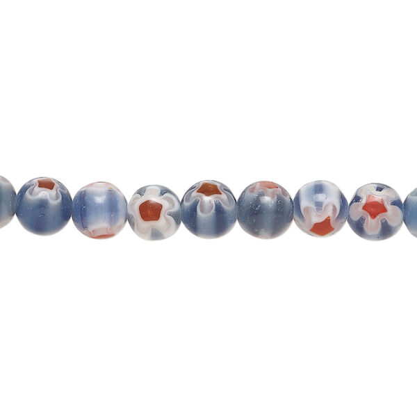 Bead, millefiori glass 1pkg1, translucent dark denim blue / red / white, 6mm round, 15 inches. image number 0