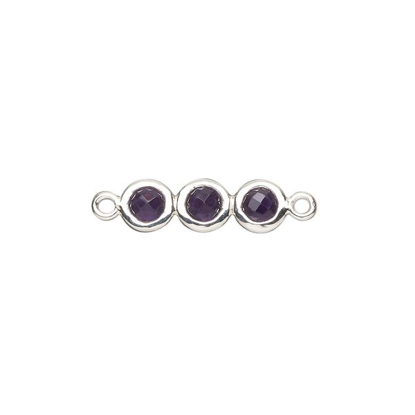 Link, sterling silver and amethyst (natural), 18x6mm double-sided overall with 6mm faceted round, Mohs hardness 7. Sold individually. image number 0