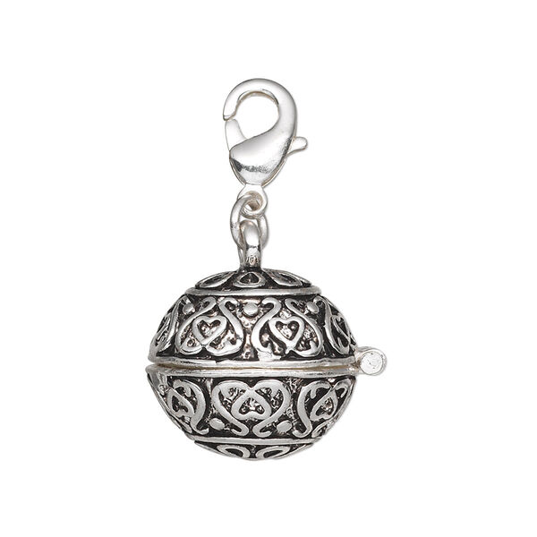 Drop, antique silver-finished "pewter" (zinc-based alloy), 17mm round prayer box with magnetic closure and lobster claw clasp. Sold individually. image number 0