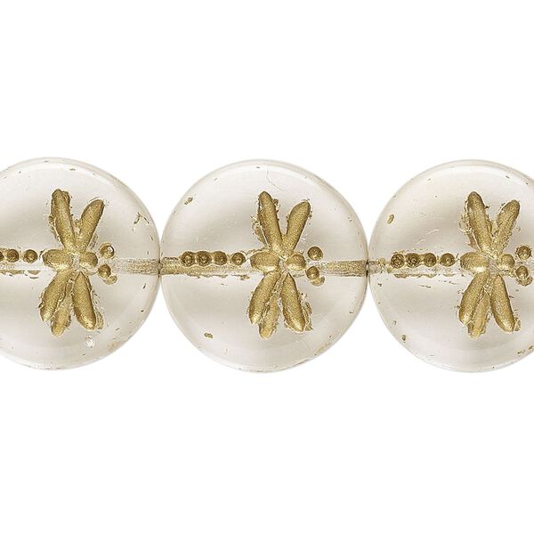 Bead, Preciosa, Czech pressed glass, clear, 17mm flat round with gold-painted dragonfly. Sold per pkg of 12. image number 0