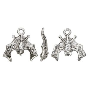 Charm, pewter (tin-based alloy), pkg/1, antique silver plate, 18x17mm 2-sided bat.