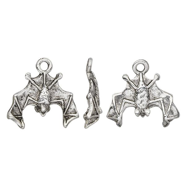 Charm, pewter (tin-based alloy), pkg/1, antique silver plate, 18x17mm 2-sided bat. image number 0