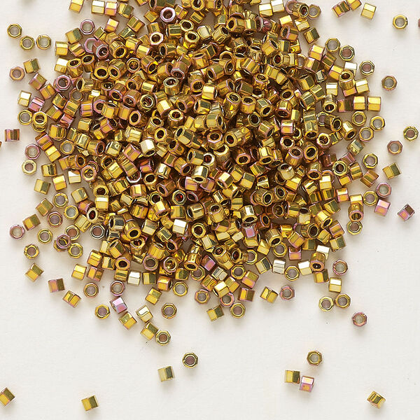 Seed bead, Delica®, glass, pkg/4g, #11 cut, opaque 24Kt gold-plated iris (DBC-0501). image number 0