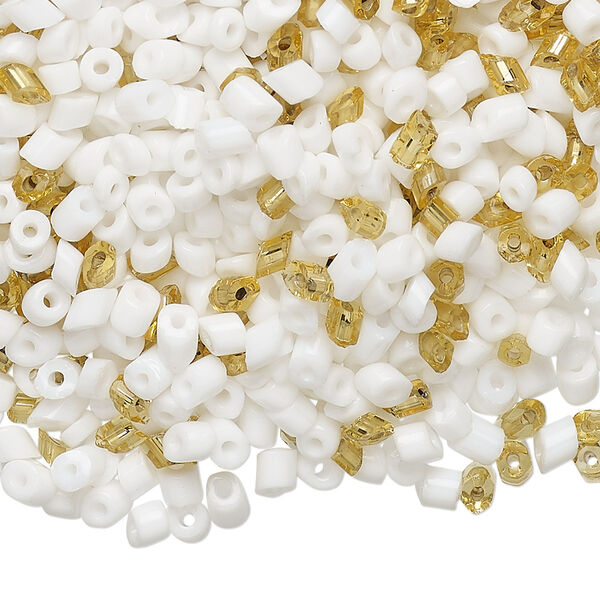 Bead mix, vintage Czech glass, silver-lined translucent gold and opaque white, 2mm-4x3mm parallelogram with 0.6mm hole. Sold per 1.5-ounce pkg, approximately 1,200 to 1,300 beads. image number 0