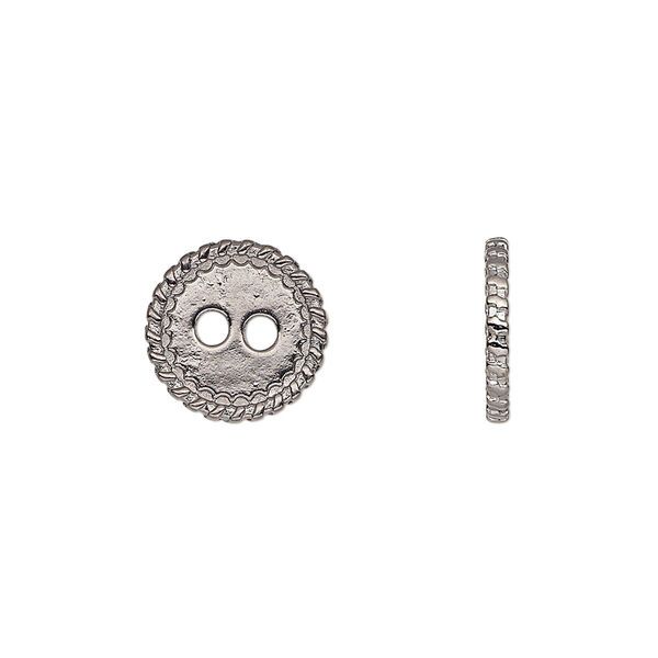 Button, gunmetal-finished "pewter" (zinc-based alloy), 12.5mm double-sided flat round with rope edge. Sold per pkg of 50. image number 0