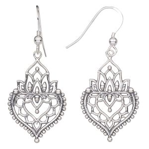 Earring, Create Compliments®, antiqued sterling silver, 48mm lotus flower and heart with cutout design and fishhook ear wire, 21 gauge. Sold per pair.