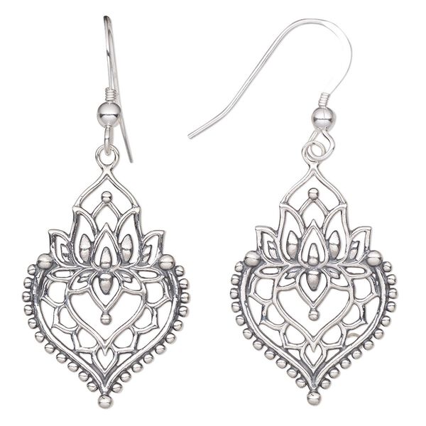 Earring, Create Compliments®, antiqued sterling silver, 48mm lotus flower and heart with cutout design and fishhook ear wire, 21 gauge. Sold per pair. image number 0