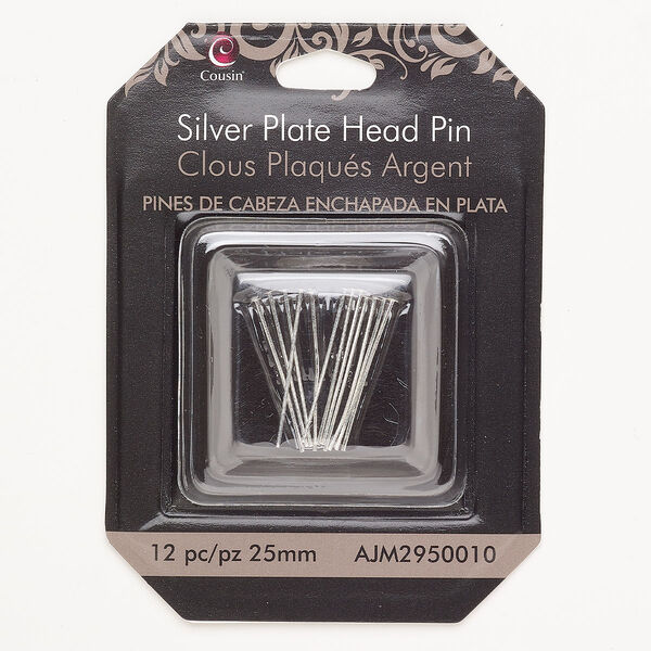 Head pin brass 12pk 1 inch 22 gauge, silver plate image number 0
