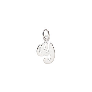 Charm 1pkg1, sterling silver, 10.5x9mm Champagne cursive alphabet letter "G."