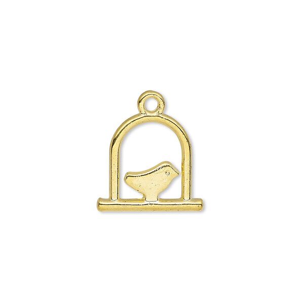 Charm, gold-finished "pewter" (zinc-based alloy), 15x14mm double-sided bird on swing. Sold per pkg of 20. image number 0