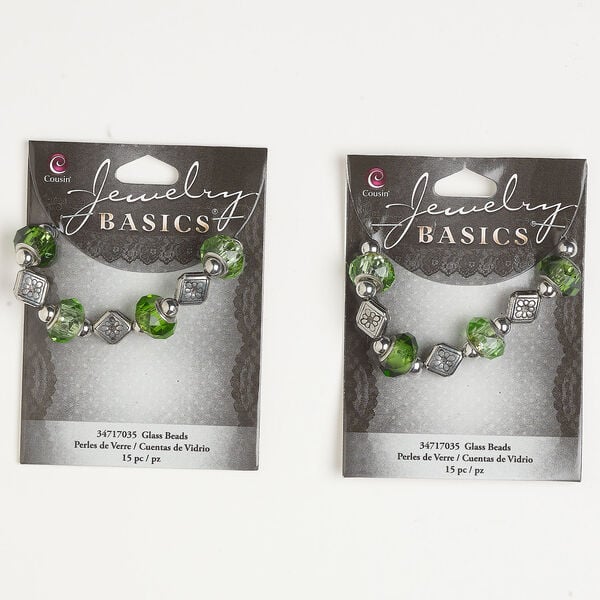 Bead assortment 1pkg30, antique silver-finished brass and CCB / glass, translucent green, 5mm round / 12x11mm diamond / 14x9mm rondelle. image number 0