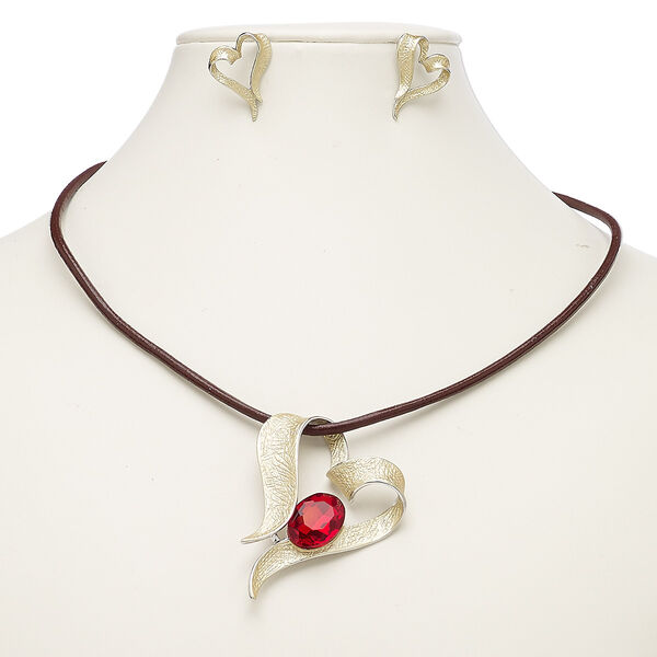 Necklace and earring set, leather (dyed) / enamel / glass / imitation rhodium-plated steel / brass / "pewter" (zinc-based alloy), brown / matte gold / red, 59x43mm heart, 18-inch necklace with 2-inch extender chain and lobster claw clasp, 23.5x17mm heart with post. Sold per set. image number 0