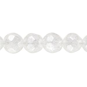 Bead, glass, translucent light silver, 10-11mm faceted round with silver-colored glitter. Sold per 8-inch strand, approximately 20 beads.