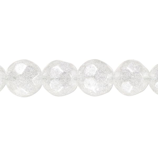 Bead, glass, translucent light silver, 10-11mm faceted round with silver-colored glitter. Sold per 8-inch strand, approximately 20 beads. image number 0
