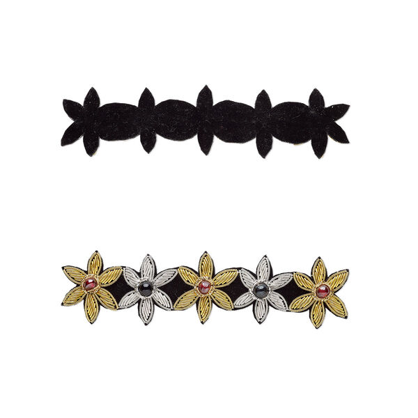 Sew-on component, velveteen / glass / gold- and silver-finished copper French wire, black and red, 5-1/2 x 1-1/2 inch 5 flowers. Sold individually. image number 0