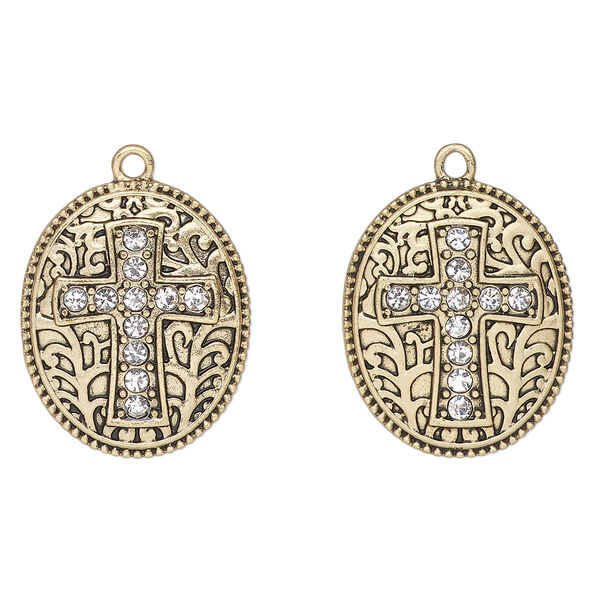 Drop, antique gold-finished "pewter" (zinc-based alloy) and glass, clear, 25x21mm oval with cross and beaded edge. Sold per pkg of 2. image number 0