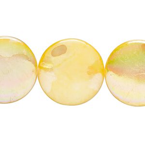Bead, mother-of-pearl shell (dyed), dark mango AB, 19-20mm puffed flat round with 0.6-0.8mm hole, Mohs hardness 3-1/2. Sold per 15-inch strand.