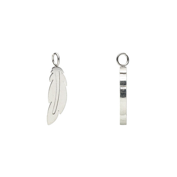 Charm, stainless steel, 12x4mm double-sided feather. Sold per pkg of 2. image number 0