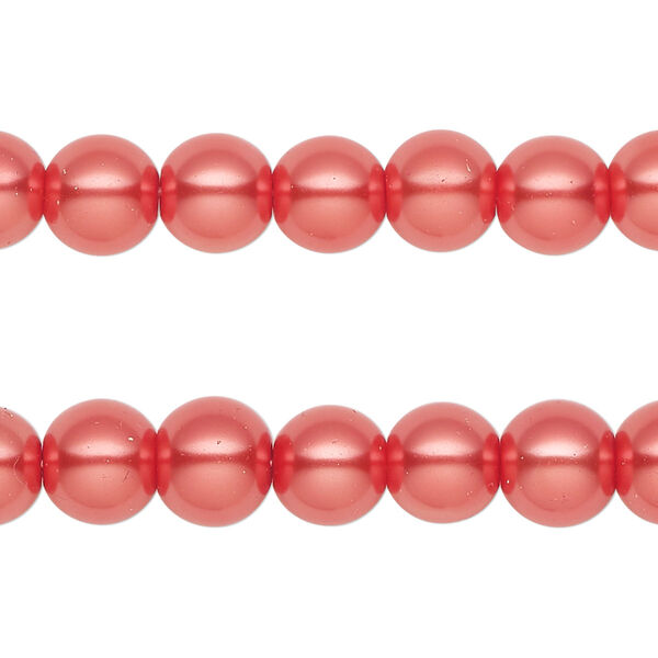 Bead, glass pearl, red-orange, 7-8mm round. Sold per pkg of (2) 15-inch strands, approximately 100 beads. image number 0