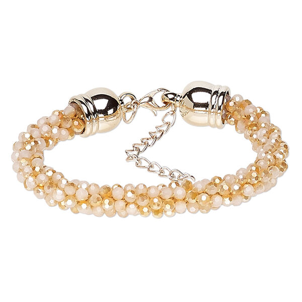 Bracelet, glass / rose gold-coated plastic / rose gold-finished steel / "pewter" (zinc-based alloy), champagne AB, 7.5mm wide, 7 inches with 2-inch extender chain and lobster claw clasp. Sold individually. image number 0