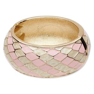 Bracelet, hinged bangle, epoxy and gold-finished "pewter" (zinc-based alloy), pink and white, 32mm wide with diagonal diamond design, 6-1/2 inches. Sold individually.