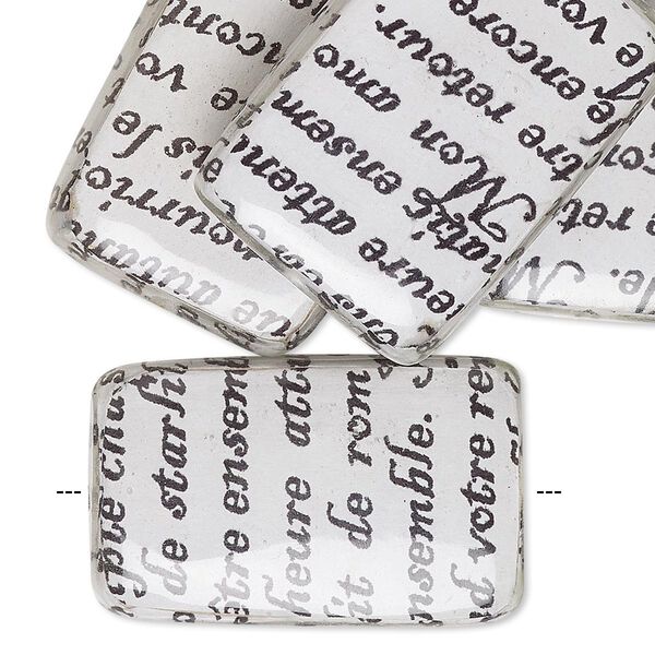 Bead, wood / newspaper / acrylic, white and black, 30x20mm double-sided flat rectangle with phrase in French. Sold per pkg of 8. image number 0