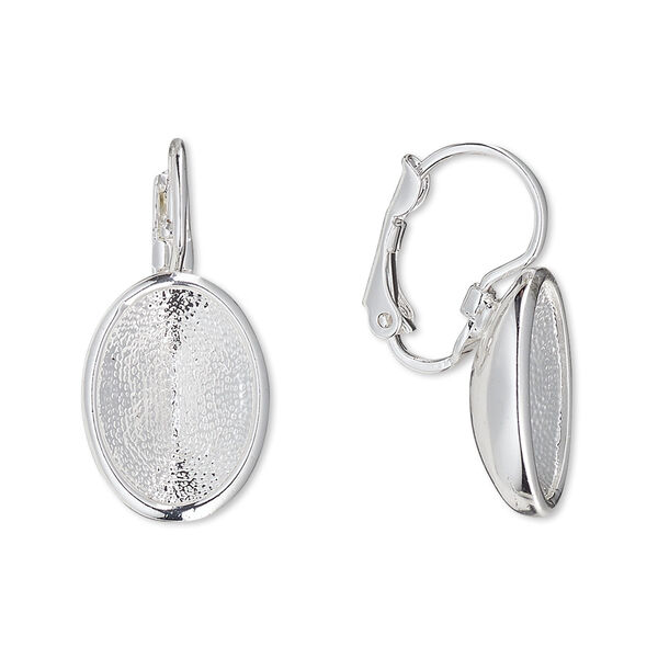 Ear wire, Almost Instant Jewelry®, silver-plated brass and "pewter" (zinc-based alloy), 24mm leverback with 14x10mm oval setting. Sold per pair. image number 0