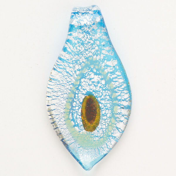 Focal, lampworked glass, opaque blue / brown / green with silver-colored foil, 53x25mm-56x30mm spoon. Sold individually. image number 0