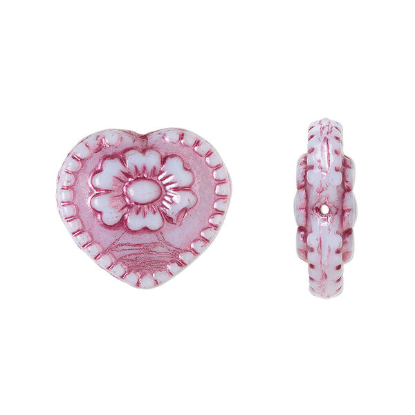 Bead, Preciosa Czech pressed glass, opaque light blue, dark pink finish, 18x17mm heart. Sold per pkg of 5. image number 0